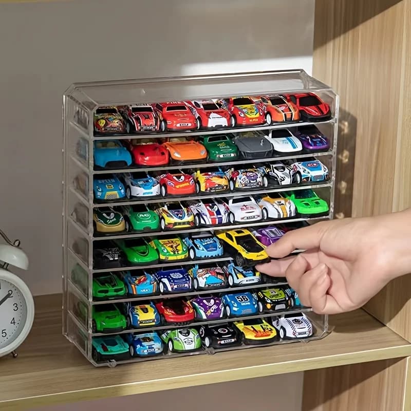 Espositore in plastica in stile contemporaneo per modellini di auto, organizzatore di archiviazione trasparente multistrato con divisori