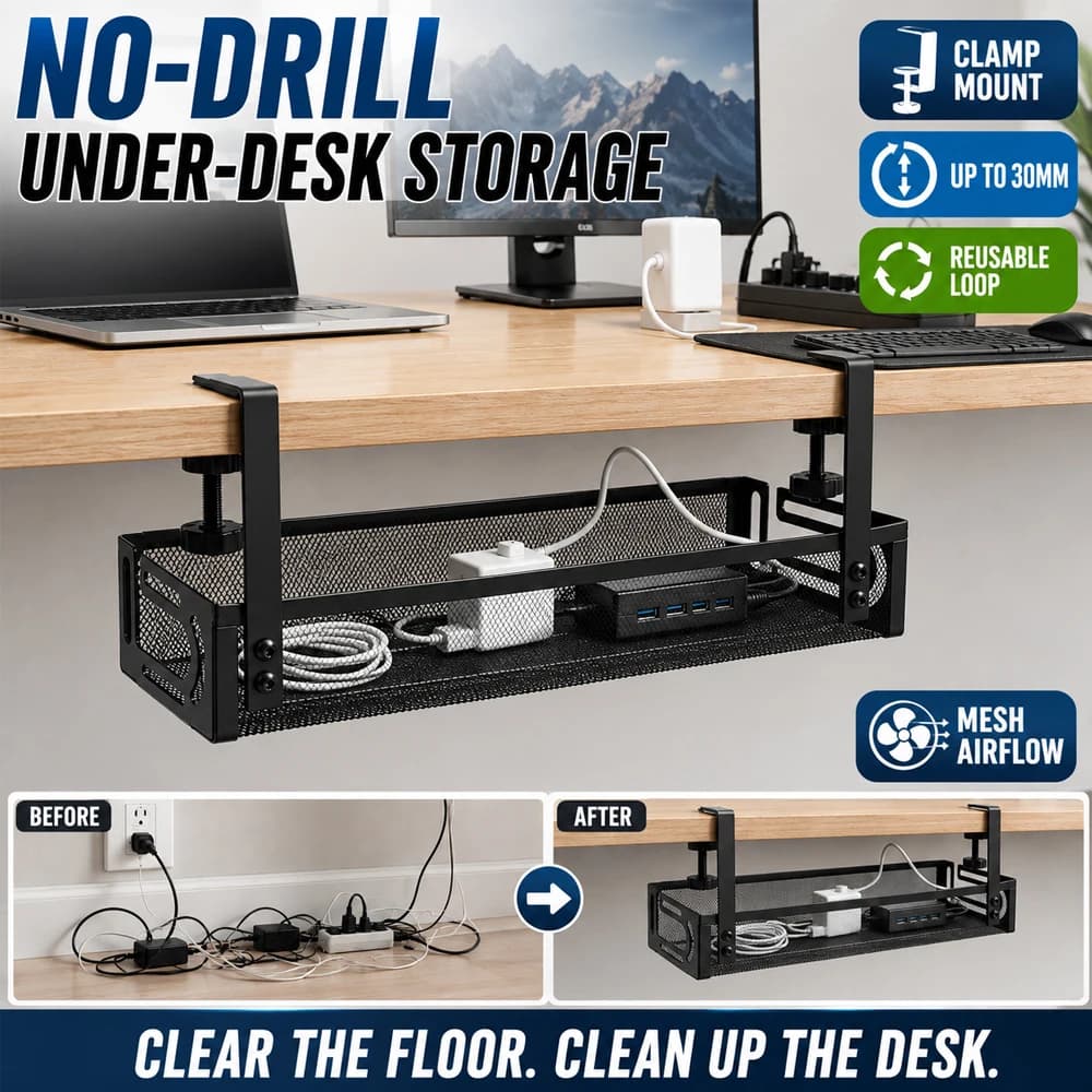 Under Desk Cable Management Tray No Drill Clamp Mount Metal Mesh Organizer For Power Strip Cables Adapters Home Office Gaming