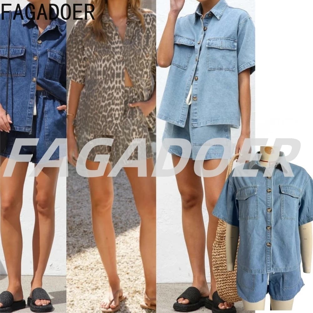 FAGADOER Estate Nuovo Denim Pantaloncini con coulisse Set da due pezzi Donna Camicie con bottoni risvolto e tasca Pantaloncini Jean Abiti Streetwear