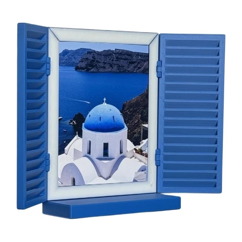 Shutter Photo Frame Shelf Blue Plastic Window Picture Display for Entryway Wall Accent, Travel Photo Display with D2RC