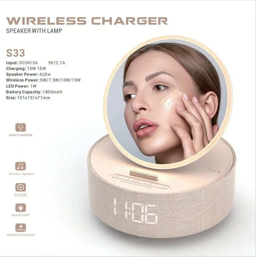 Sveglia digitale con altoparlante Bluetooth Specchio cosmetico per iPhone 14 13 12 Caricatore wireless veloce Display LED dimmerabile