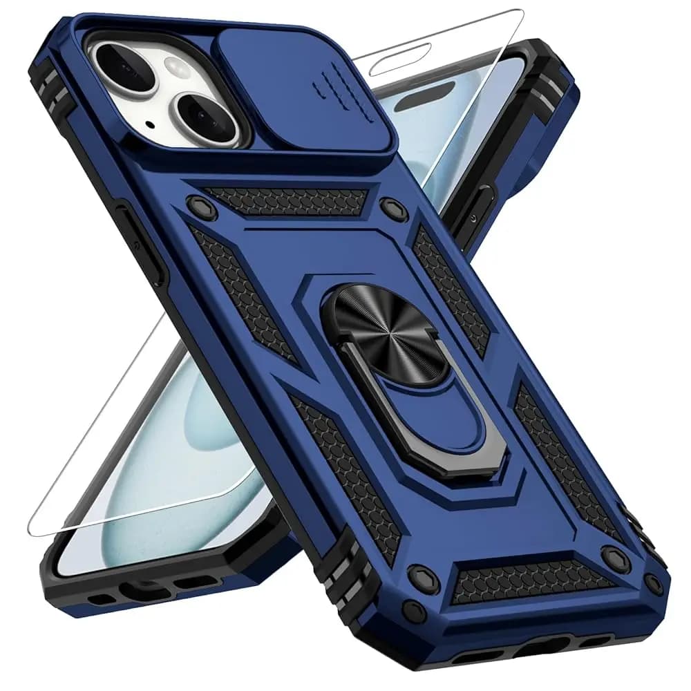 Custodia per iPhone 15, con copriobiettivo scorrevole, protezione schermo HD, protezione anticaduta di livello militare, supporto ad anello magnetico girevole
