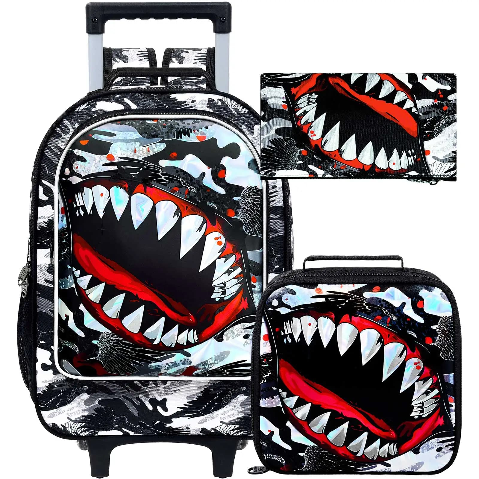 Zaino con ruote a forma di squalo per ragazzi, 3 pezzi, zaino scolastico con ruote, borsa con ruote per bambini per scuola elementare, scuola materna e asilo.
