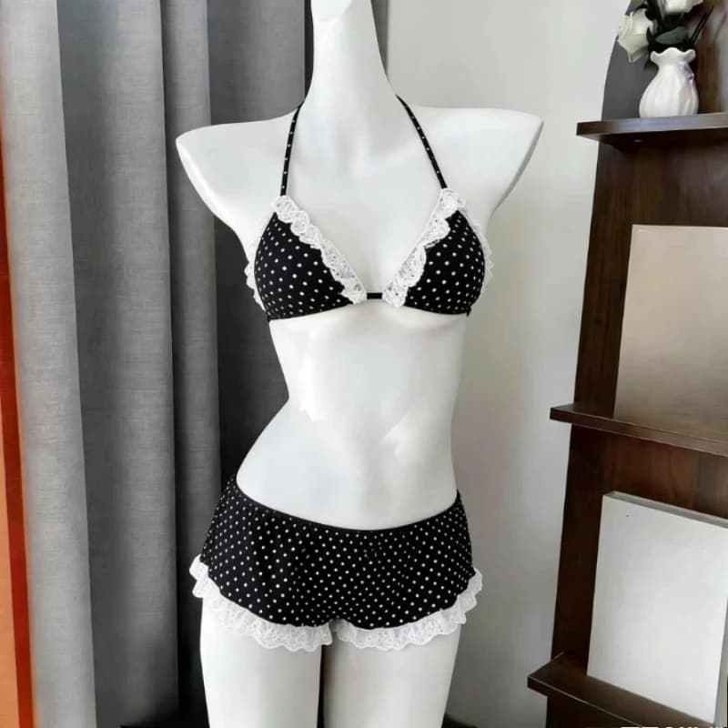 Costume da bagno bikini da donna con stampa a pois, due pezzi, con allacciatura all'americana e design senza schienale, per l'estate e la spiaggia