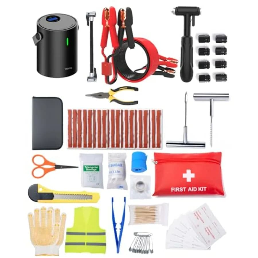 Kit di Emergenza Portatile con Compressore d'Aria e Cavi di Avviamento per Auto - Assistenza Invernale per Auto in Nero con Cinghia di Traino
