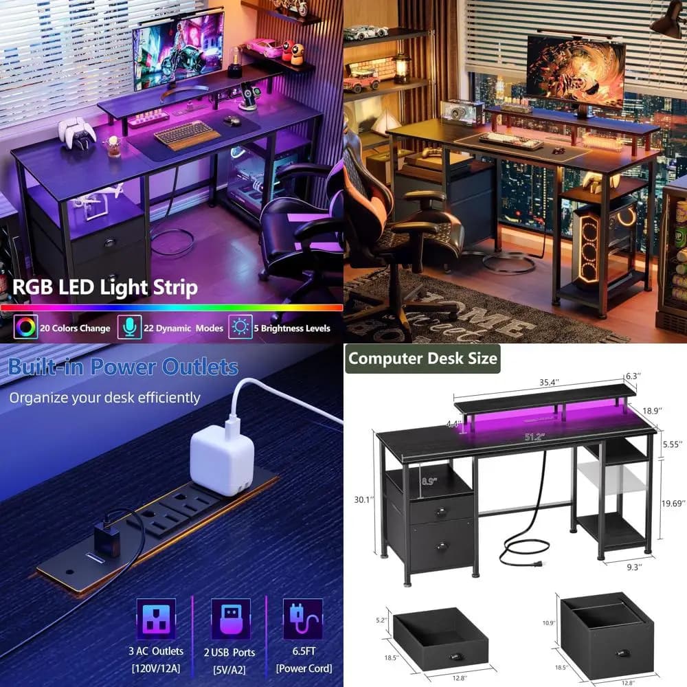 Scrivania da Gaming con 51 LED, Prese di Corrente, Design Reversibile, Armadietto e Supporto Monitor, Ampio Tavolo da Lavoro per Ufficio Domestico