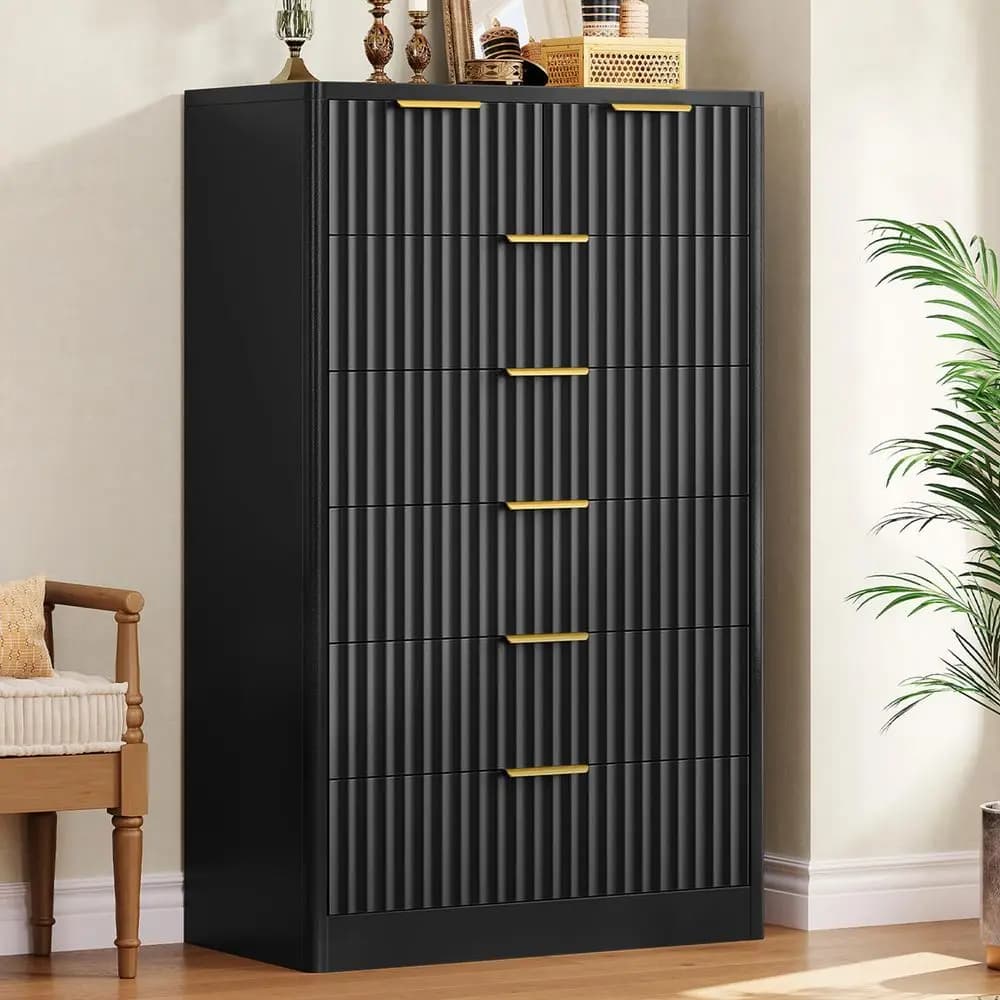 Cassettiera scanalata per camera da letto con 7 cassetti, cassettiera moderna alta 48 pollici con maniglia in metallo, mobile TV in legno, mobile contenitore in legno