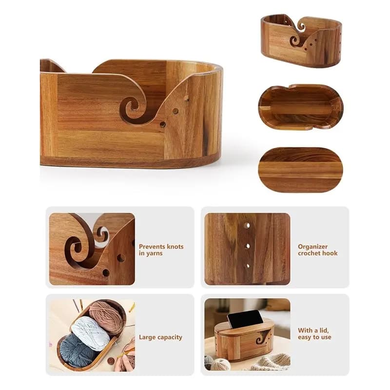 LLCS-Wooden Yarn Bowl With 9Pcs Crochet Hooks, Large Oval Yarn Holder For Knitting And Crocheting For Crocheters