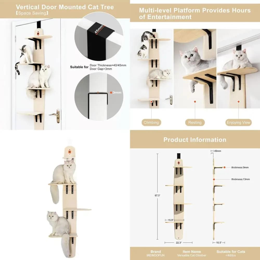 Torre verticale per gatti montata su porta con ripiani in moquette per divertimento felino al coperto (67,3 A x 22,3 L x 10,5 W)