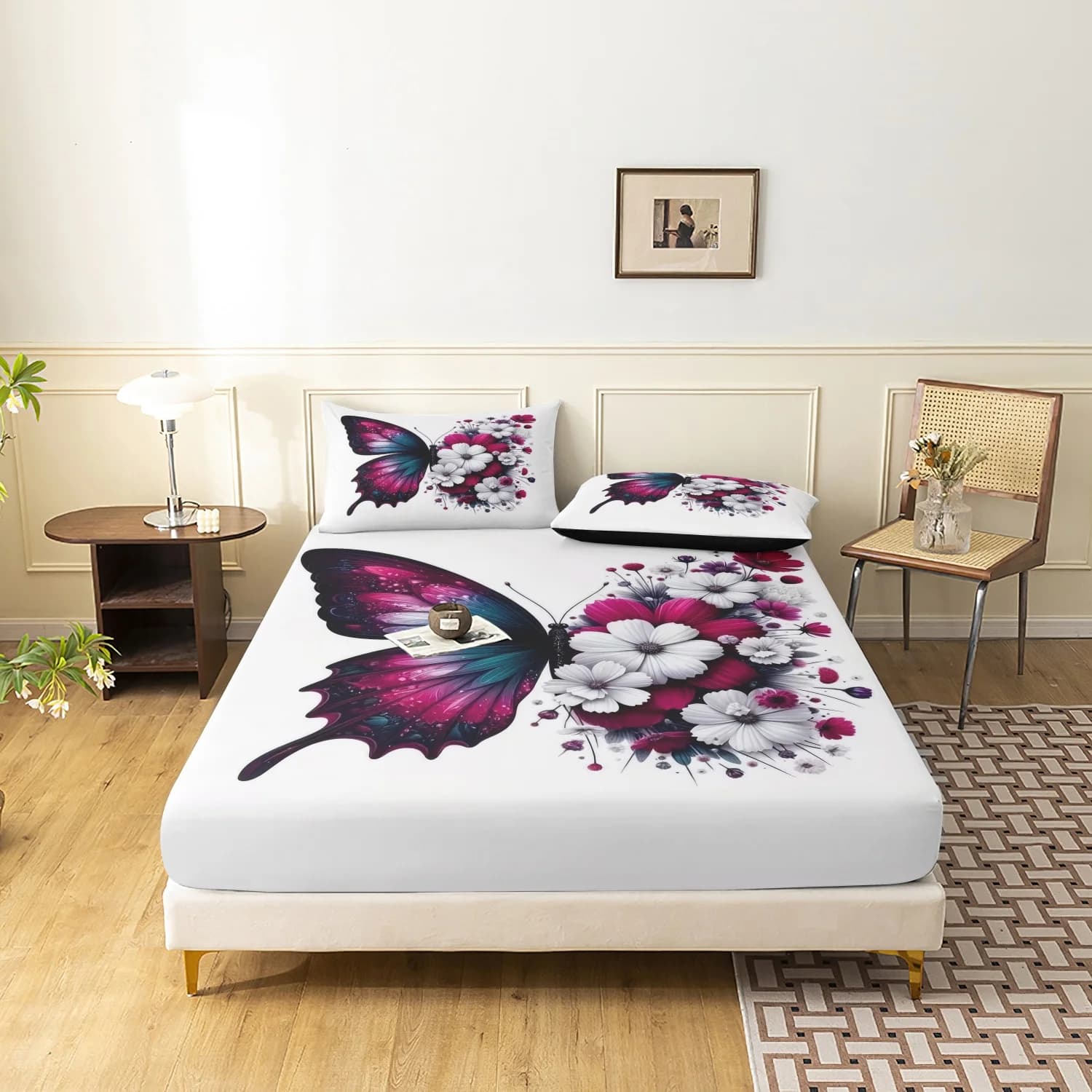 Set di lenzuola con stampa di fiori e farfalle viola e rosa, 3 pezzi (1 lenzuolo + 2 copripiumini, senza cuscini), adatto per dormitorio familiare, hotel