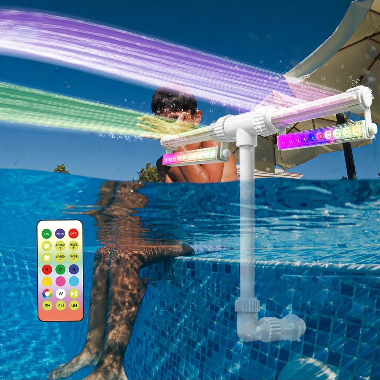 Fontana per irrigatore per piscina Fontana per piscina regolabile con luci a LED colorate Irrigatore a cascata con telecomando USB ricaricabile