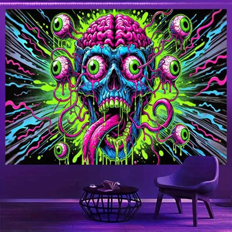 Unique Psychedelic Skull and Brain Tapestry Wall Art Hanging Pop Culture Halloween Decor Gothic Rave Room Aesthetic Backdrop Pri