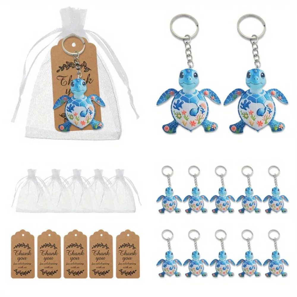 Set da 15 Pezzi: Portachiavi a Forma di Piccola Tartaruga 2D in Acrilico Piatto, Ciondolo Decorativo per Chiavi Auto e Zaino, Regalo Perfetto per le Feste (5 Portachiavi, 5 Sacchetti in Filato, 5 Carte)