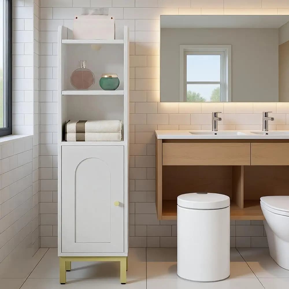 Mobiletto da Bagno, Armadietto da Terra con Anta e Ripiani, Portarotolo Stretto, Organizzatore per Bagno con Regolazione
