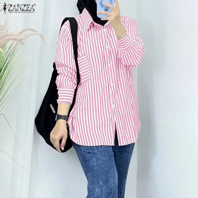 Camicie Oversize da Donna Musulmana alla Moda con Colletto, Maniche Lunghe a Lanterna, Abbottonatura Frontale, Camicie Lunghe ZANZEA, Top Larghi Islamici per Hijab