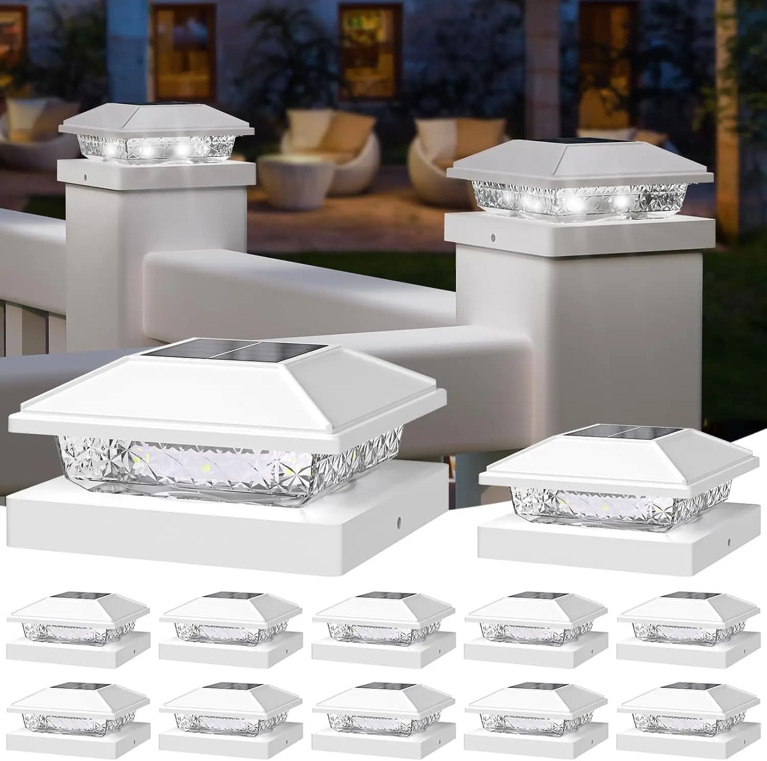 Luci Solari per Pali da Esterno, Bianco Freddo, Impermeabili, per Decorazione Giardino, Recinzioni e Terrazze, per Pali in Vinile Effetto Legno 4x4 e 5x5, Confezione da 12