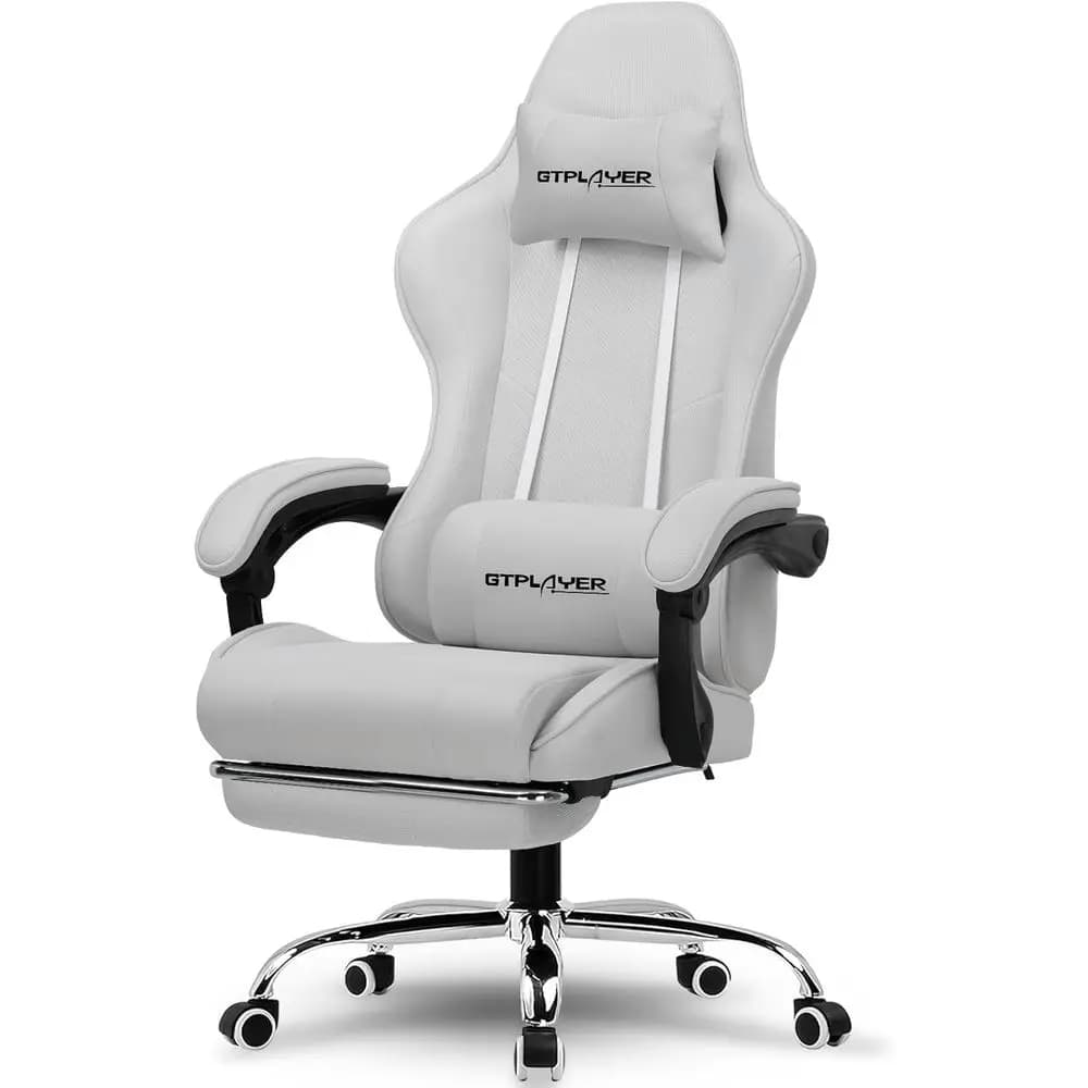 Sedia da gaming ergonomica grigio chiaro con supporto lombare, 360 ° Poltrona Girevole e Pouf