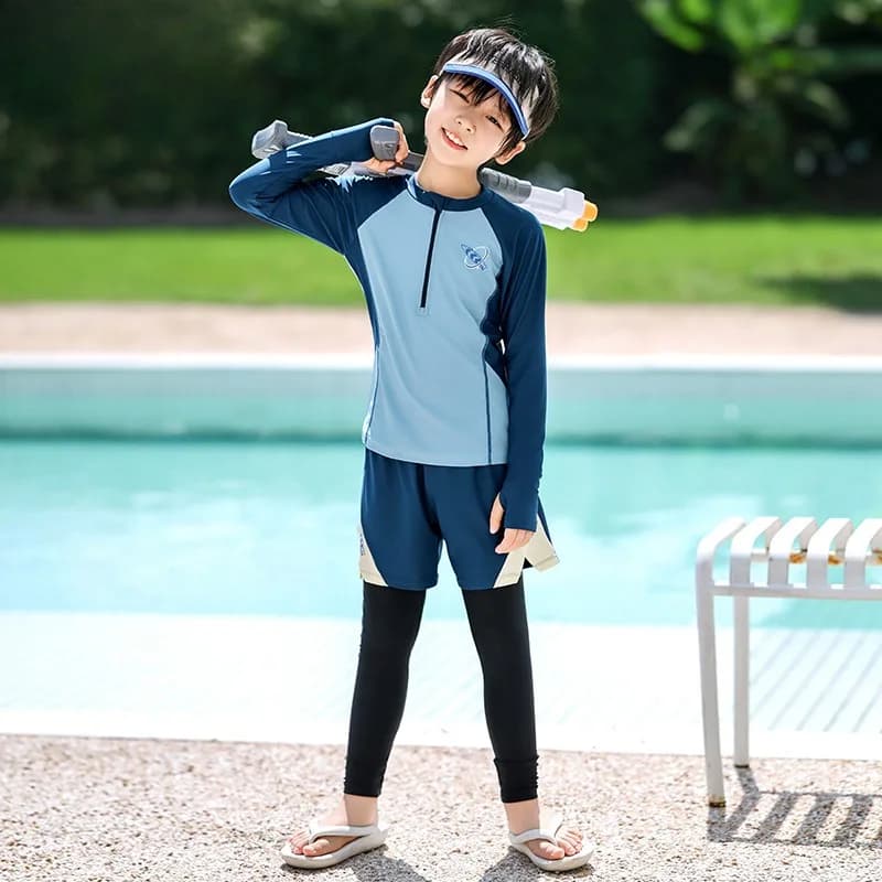 Costume da bagno due pezzi per bambini, set da spiaggia per ragazzi, abbigliamento da nuoto a maniche lunghe con protezione solare, tuta da surf, costume da bagno
