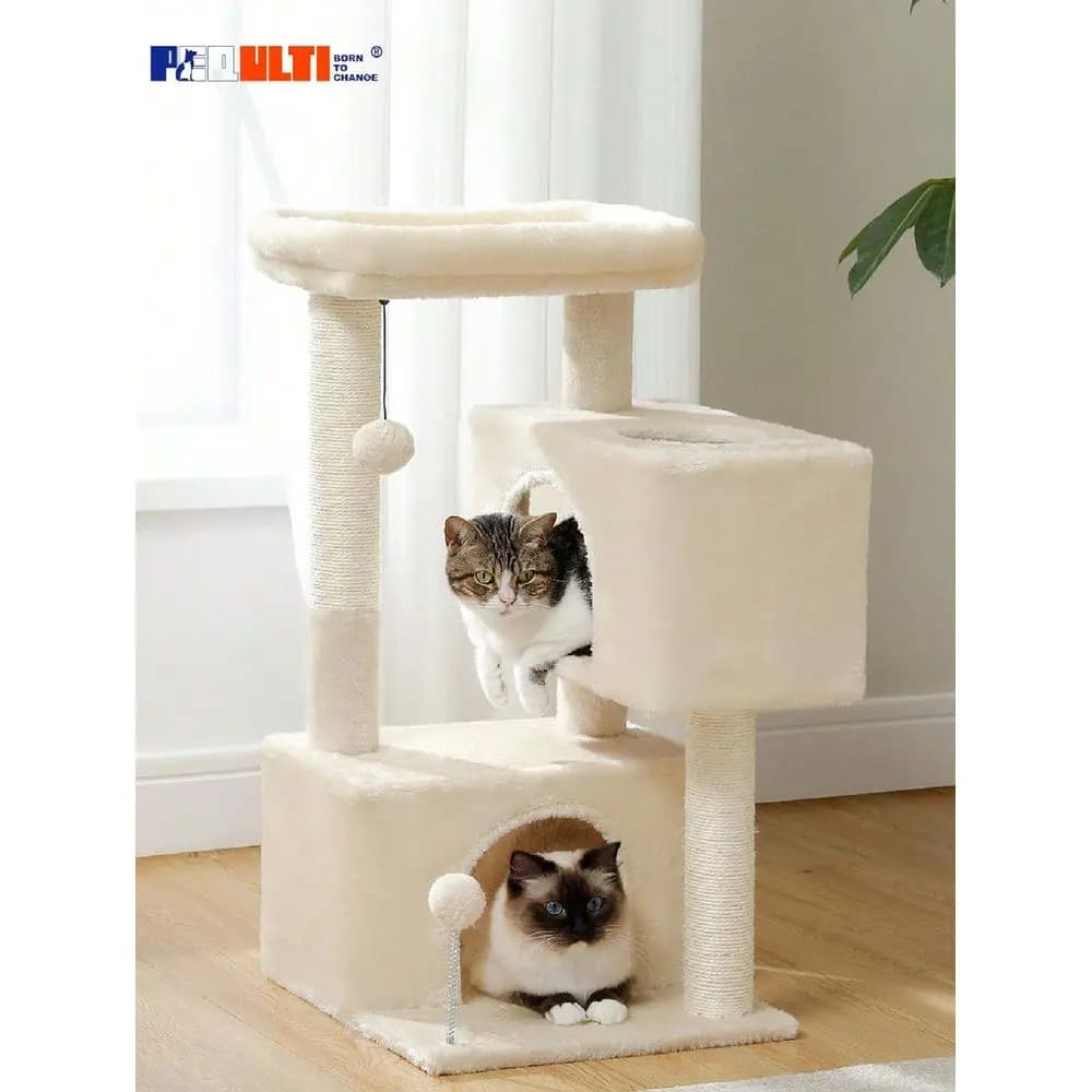 Torre per Gatti da Interno 31.5 Pollici, 2 Cucce Accoglienti, Tiragraffi Multilivello con Sisal, Sdraio Imbottita Morbida, 2 Giocattoli Pendenti