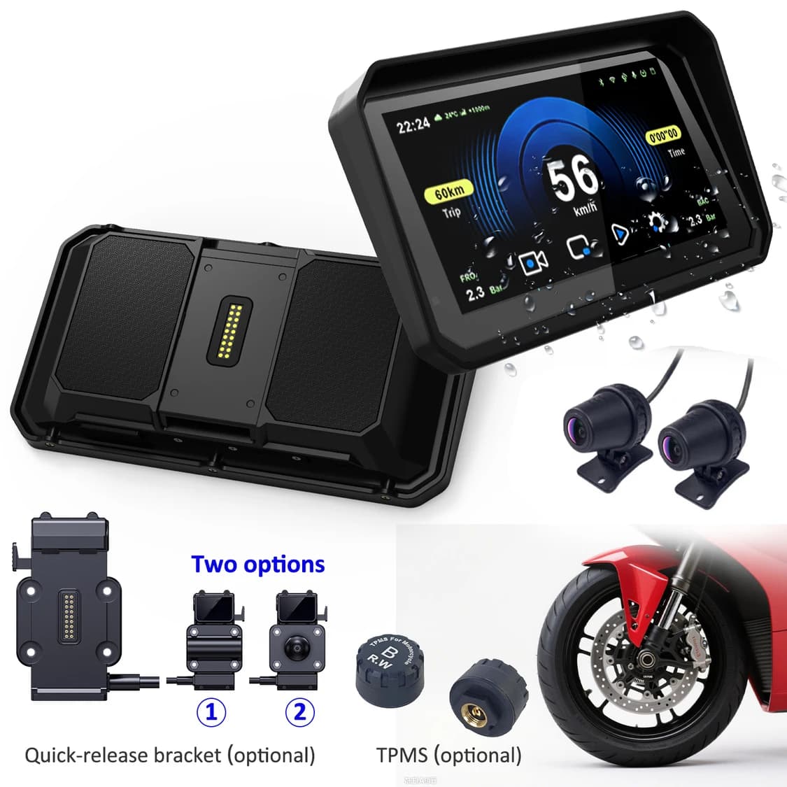 6.0" IPS Waterproof Motorcycle Screen, Wireless CarPlay & Android Auto, Dual Lens Dash Cam, GPS Speed Display, Universal Fit