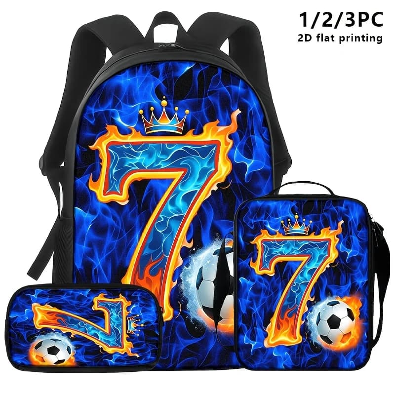 Set da 1/2/3 pezzi con design a tema fiamma '7' e pallone da calcio (zaino, borsa a tracolla, astuccio). Estetica Blu Intensa e Vibrante