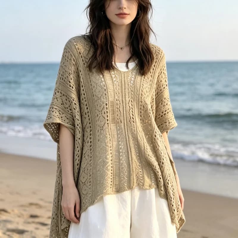 2026 Fashion V-neck Women Hollow Out Loose Blouse Summer Short Sleeve Elegant Solid Color Knitted Top Casual Pullover Knitwear