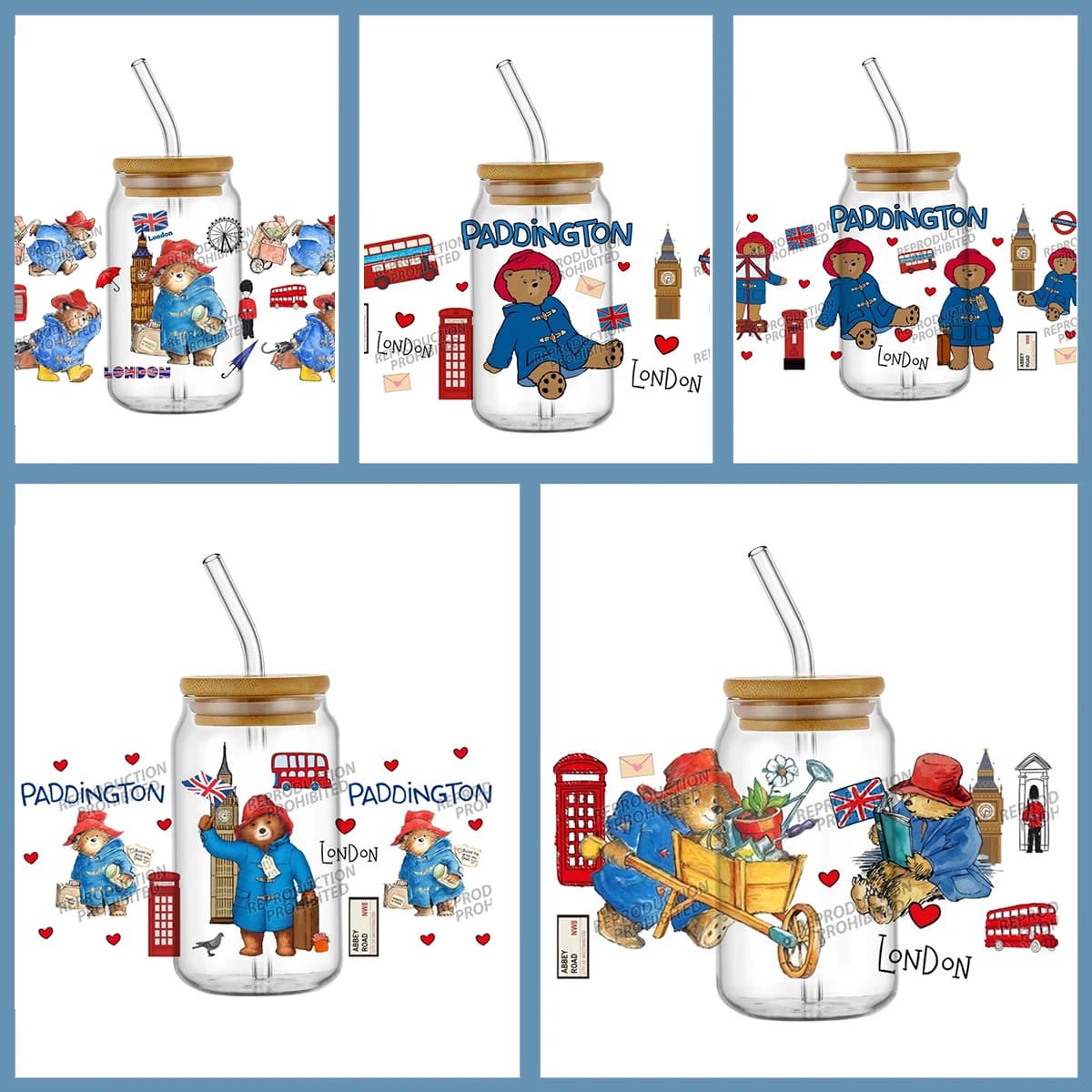 Adesivi UVDTF con motivo orsetto inglese per bicchieri Libbey da 16oz, decalcomanie a trasferimento a freddo con simpatici orsetti cartoon per tumbler