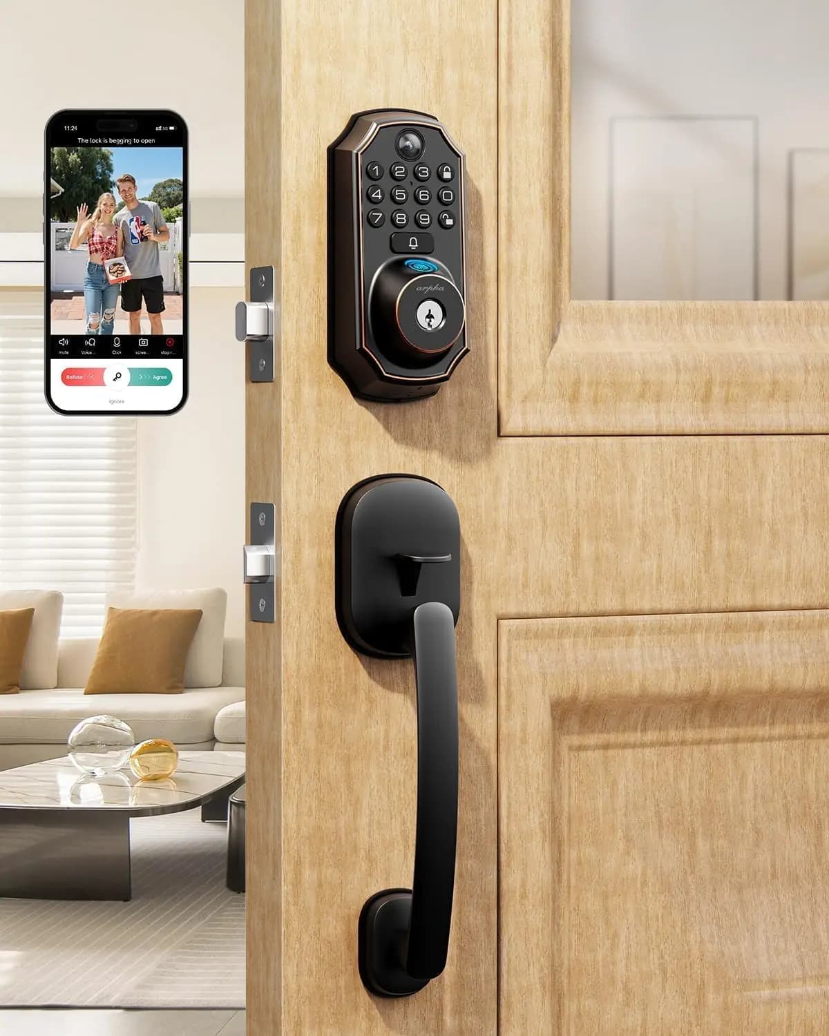 Serratura Intelligente con Telecamera e Impronta Digitale - Accesso Senza Chiave WiFi, Campanello, Chiusura Automatica, Facile Installazione per Porta d'Ingresso (Nero)