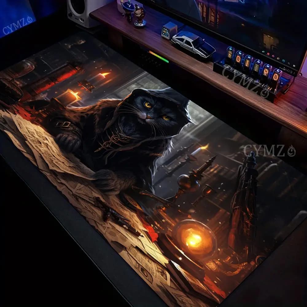 Tappetino per mouse con design illustrativo di gatto nero in stile dark, tappetino da scrivania, tappetini da gioco, tappetino per mouse antiscivolo, accessori da scrivania, tappetino da ufficio