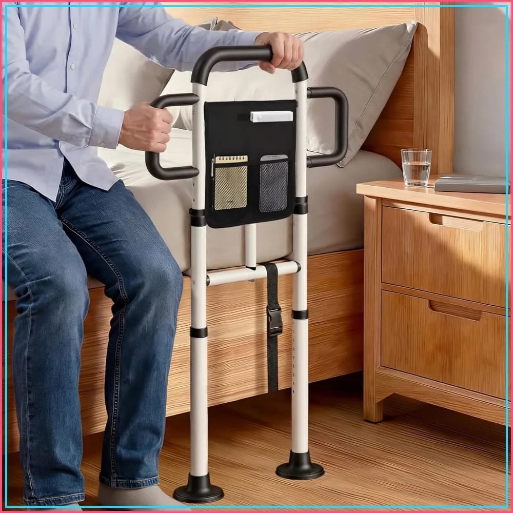 Bed Rail for Elderly, 400Lbs Support, Height Adjustable, Motion Sensor Light, Triple Handles, Storage Pockets