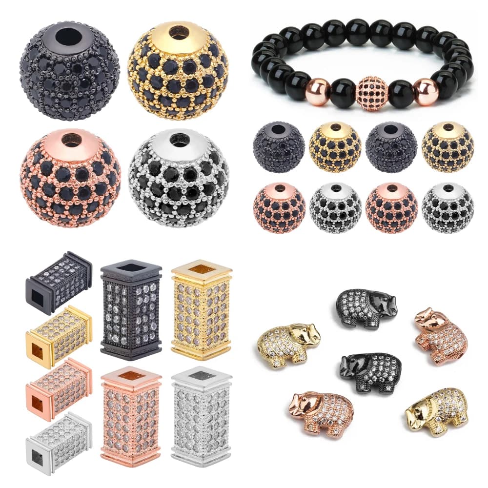 DC 2pcs/lot Copper Inlaid Zircon Beads Roudn/Rectangle/Elephant Spacer Beads Pendant Bracelet Necklace For DIY Jewelry Making