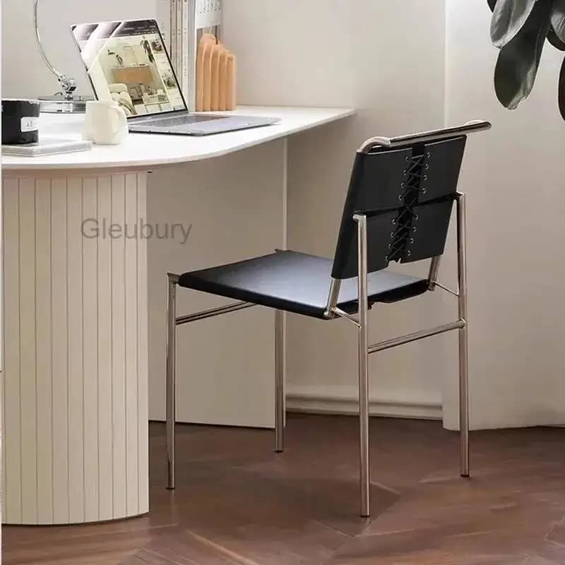 Sedia da Pranzo in Pelle con Seduta in Acciaio, Sedie da Cucina di Design in Acciaio Inox con Schienale e Gambe in Metallo per Arredamento Soggiorno, Silla Comedor