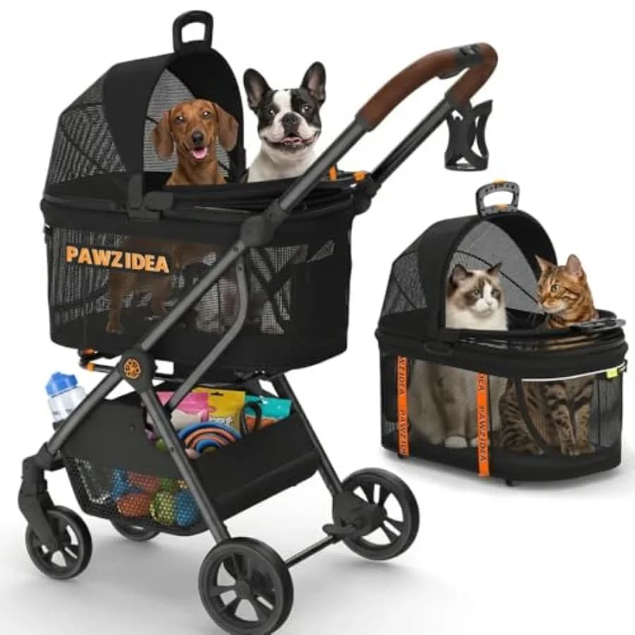 Passeggino per animali domestici per viaggi e uso quotidiano, telaio in alluminio con tessuto nero, design pieghevole 4-in-1 con cestello rimovibile, escape