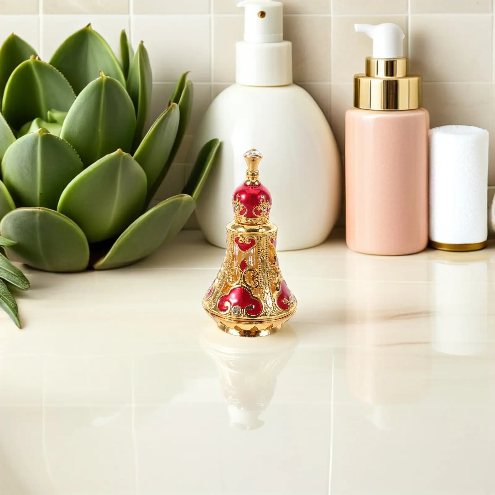 Vintage Refillable Middle Eastern Perfume Bottle 125Ml Glass Essential Oil Dispenser with Bejeweled Stopper for Bedroom Living