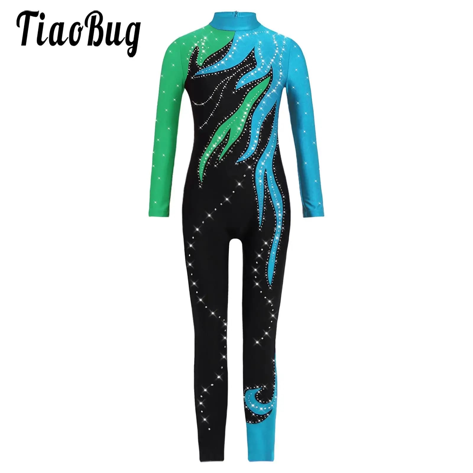 Body da ginnastica ritmica per bambine, collant da pattinaggio di figura, costume da performance, maniche lunghe, strass lucidi, tuta da allenamento