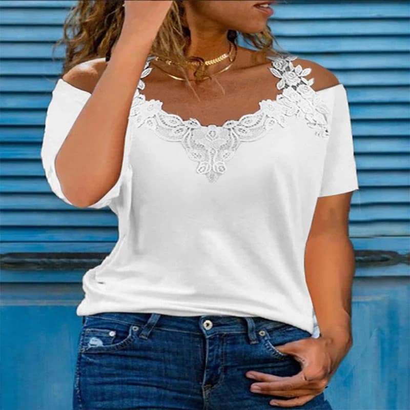 Estate Off spalla pizzo maniche corte donna confortevole scollo a V tinta unita top OL abbigliamento di grandi dimensioni