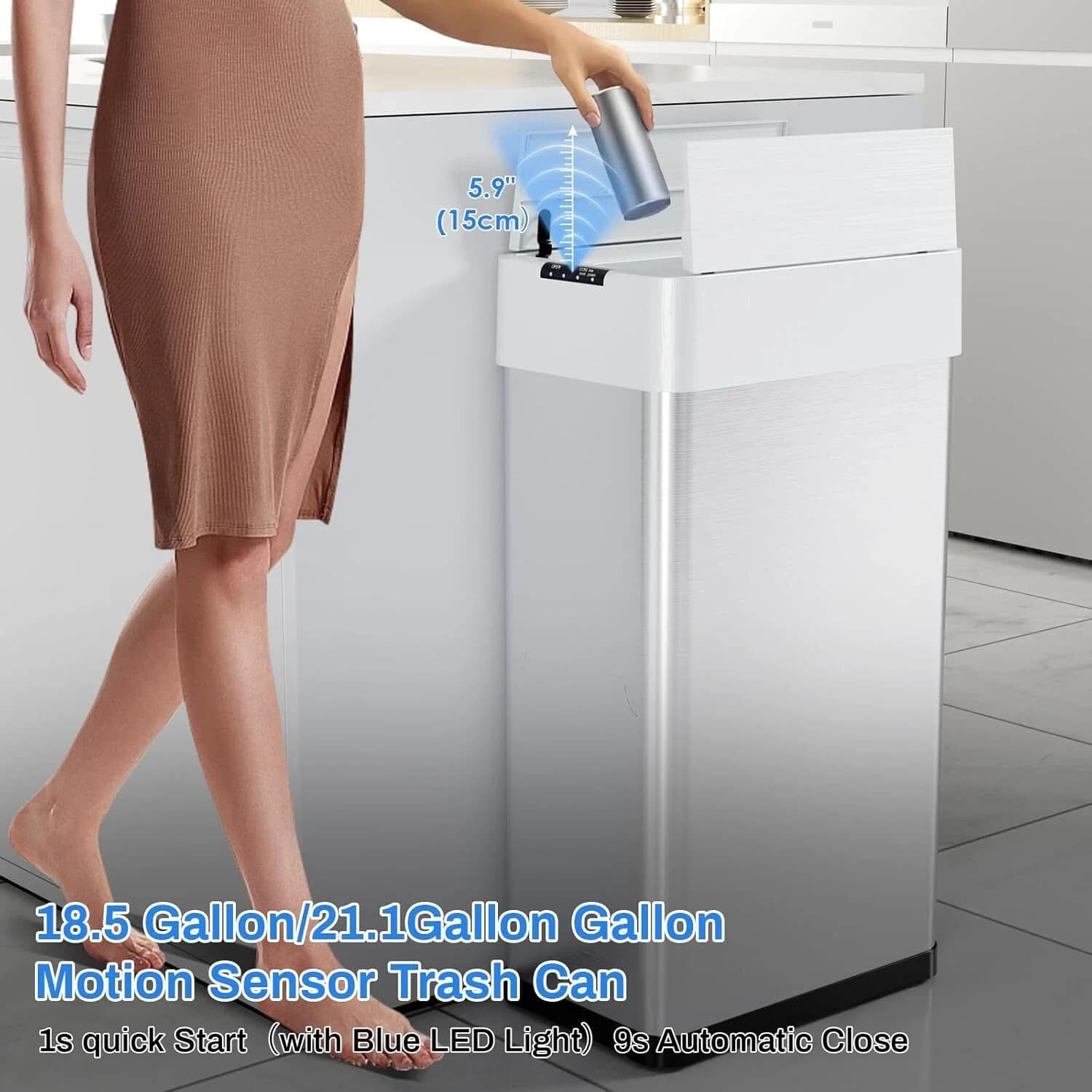 Bidone della spazzatura automatico intelligente, bidone della spazzatura in acciaio inossidabile Bidone della spazzatura con sensore di movimento 13.2-21.1Gal (50-80L) per cucina