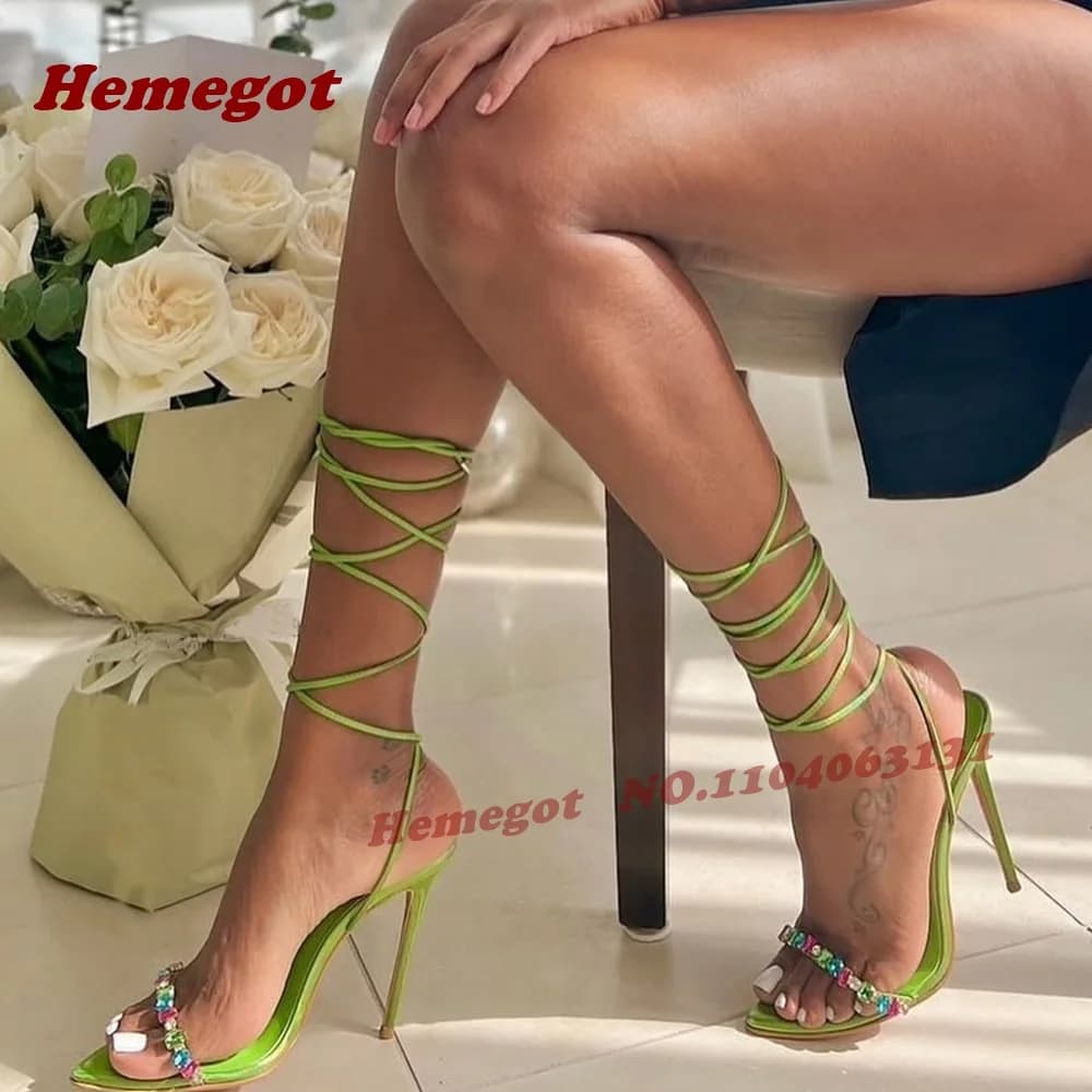 Sandali con Cristalli Verdi, Tacco a Spillo, Punta Affusolata, Allacciati, Slingback, Eleganti Scarpe Estive da Donna 2026 Nuovi