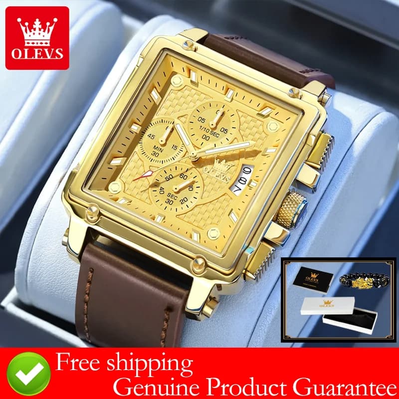 OLEVS orologi da uomo di marca impermeabile cinturino in pelle cronografo orologio al quarzo per uomo data quadrante quadrato in oro autentico orologio da polso maschile