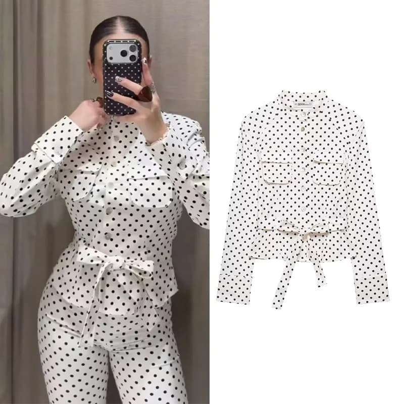 Shirt Women's Jacket in Pois, Casual Spring with Round Neck, Long Sleeves, Pockets and Belt, Women's Fashion