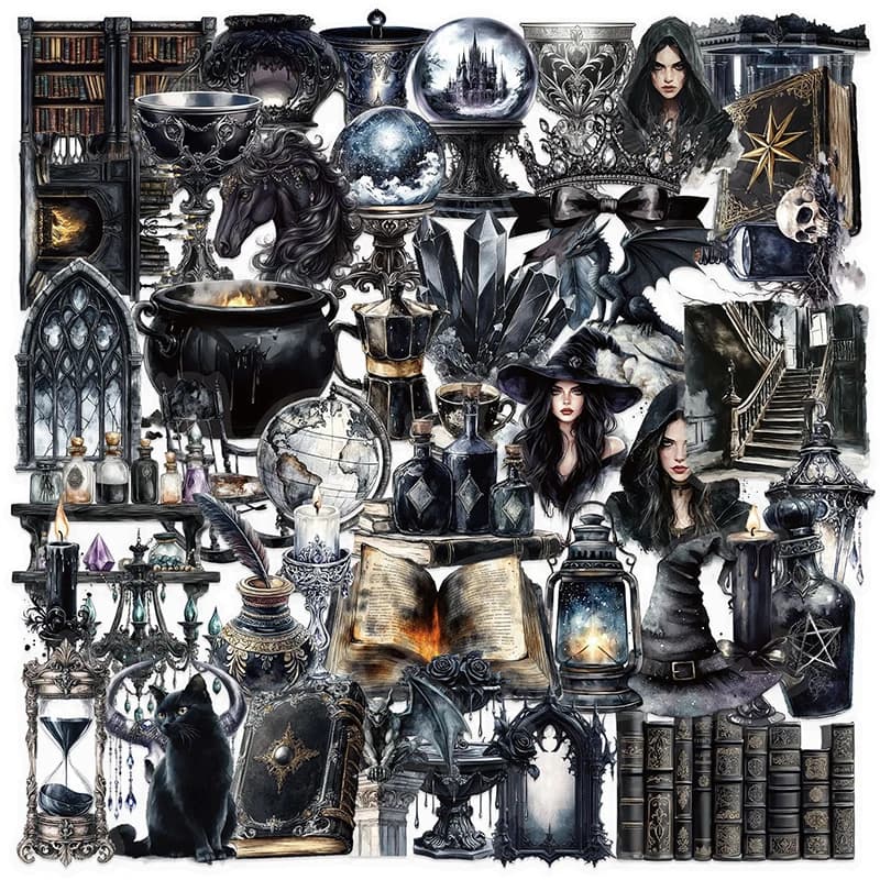 50PCS Dark Cool Magic Witch Transparent Stickers Waterproof DIY Decor for Notebook Stationery Guitar Laptop Aesthetic Decals