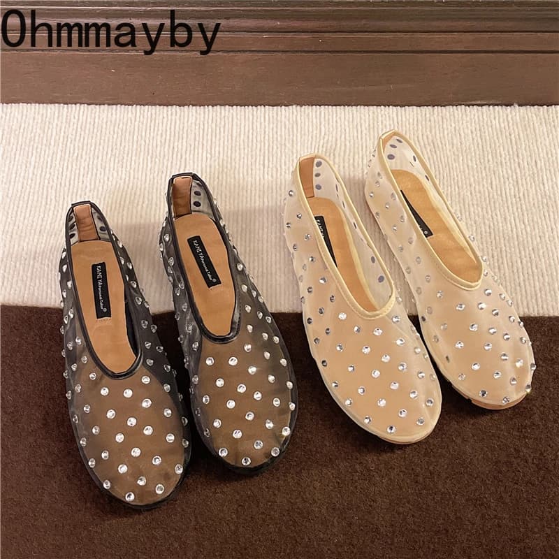 New Fish Net Crystal Mocassini da donna Scarpe Comfort Ladies Slip On Dress Ballerine Scarpe 2026 Scarpe concise da donna primaverili