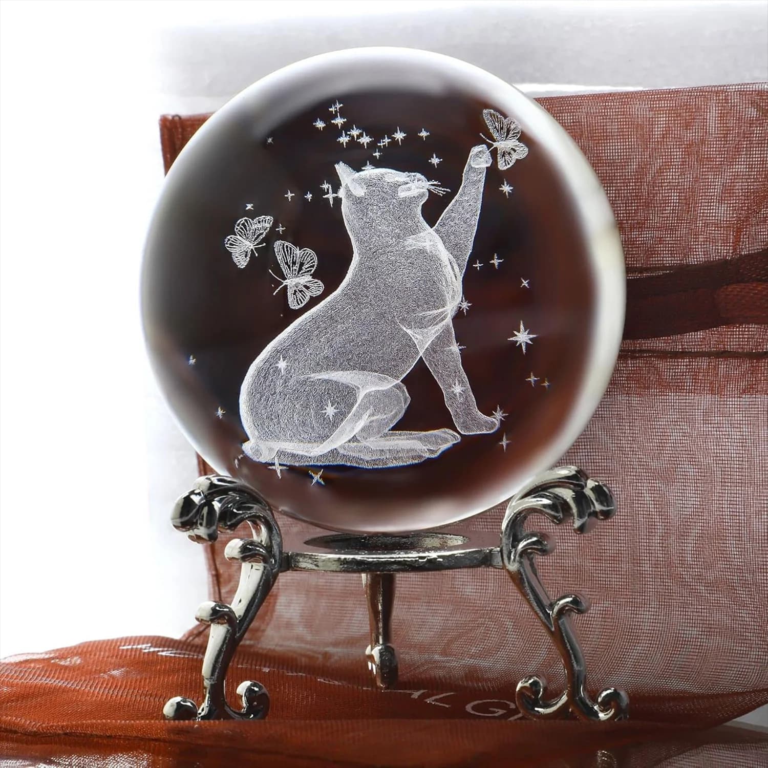 Crystal Ball for Cats with Mount 3D Laser Engraving Glass Ball Art Decoration Crystal Ball Glass Globe Stopper Punches for Photography