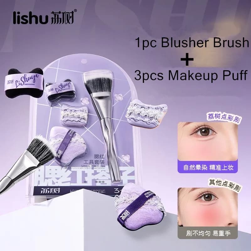 LISHU Set di pennelli per fard in lana naturale con soffio di crema in polvere da 3 pezzi, kit di pennelli in spugna per miscelazione viso professionale