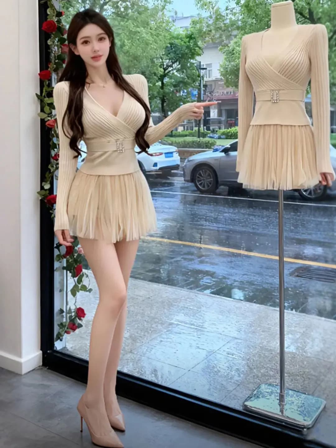 Set gonna e maglia a V unico, giovanile ed elegante, completo a due pezzi: top in maglia a maniche lunghe confortevole con gonna a vita media-alta