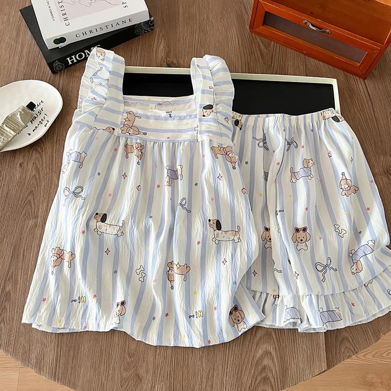 Striped puppy pajamas for women, spring and summer, short-sleeved shorts two-piece set, home wear, can be worn outside