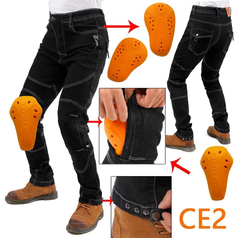 Pantaloni Neri da Motocross, Jeans da Moto con Protezioni Ginocchia Regolabili, Pantaloni Protettivi da Guida e Touring, Attrezzatura da Motocross Nera per Uomo
