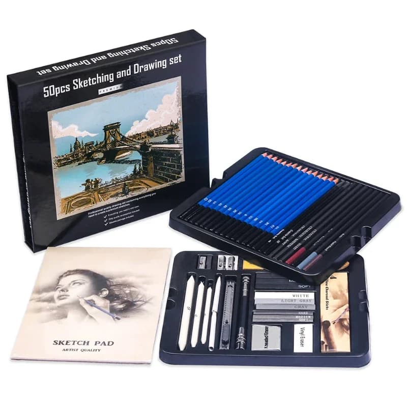 50 Pcs Sketching Pencil Set Wooden Pencil Artist Beginner Professional Drawing Graphite Charcoal Pencil Eraser Sketching Kit