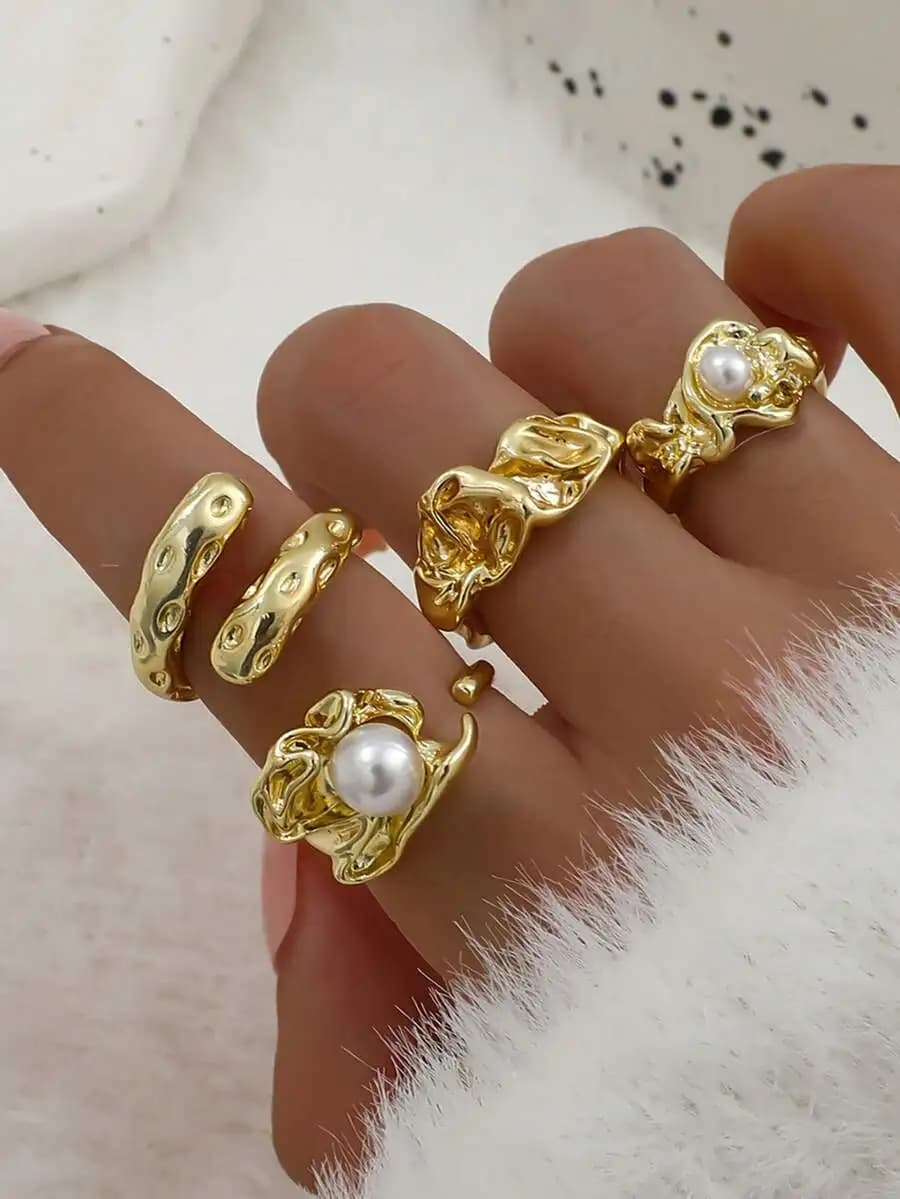 Set di 6 anelli a doppio strato con decorazioni floreali in stile barocco e perle, per donna