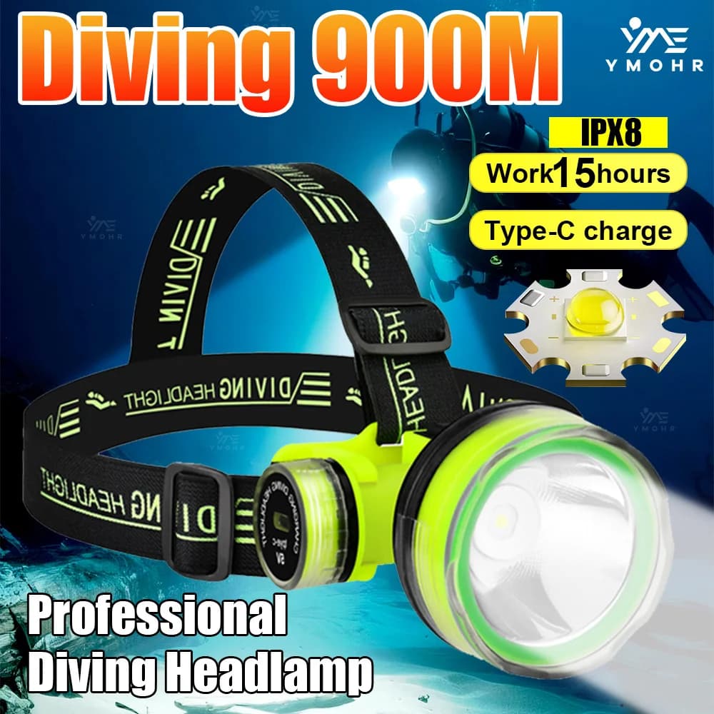 Nuova Lampada Frontale Professionale per Immersioni 900M, Impermeabile IPX8, Torcia LED ad Alta Potenza, Luce Subacquea 18650 per Immersioni Subacquee